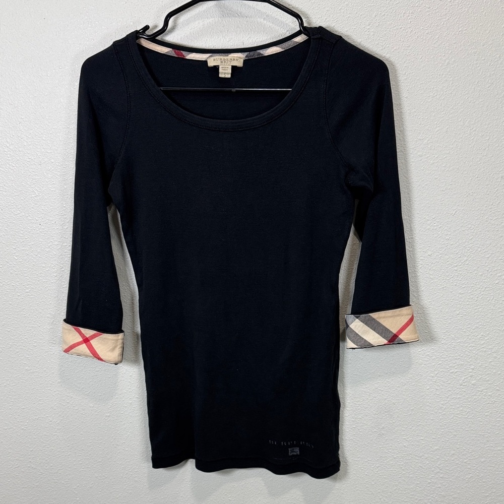 Burberry Black Long Sleeve Top with Checkered Cuffs - Picture 2 of 10